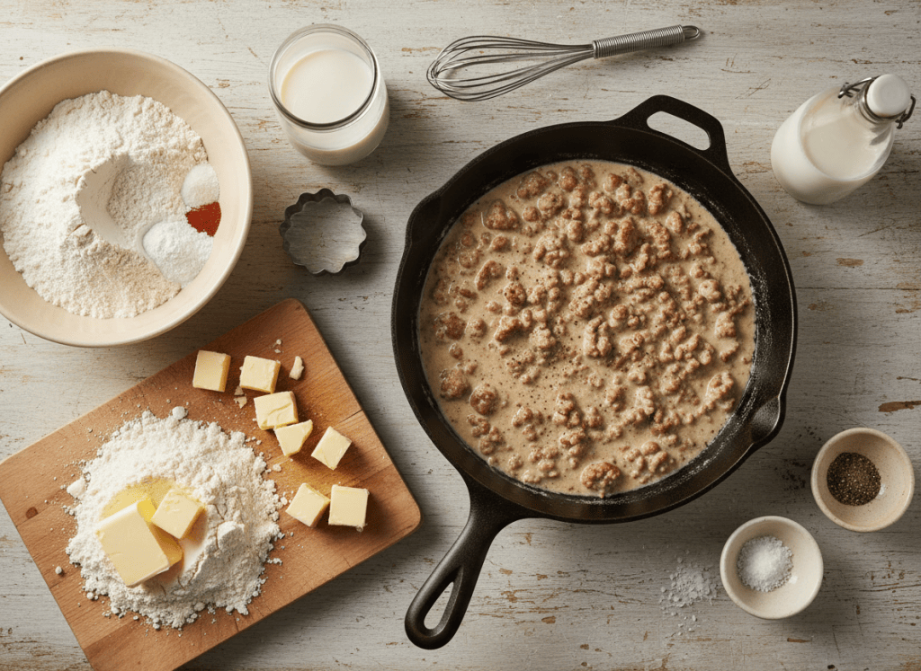 Ingredients for Southern biscuits and sausage gravy arranged on a kitchen table.