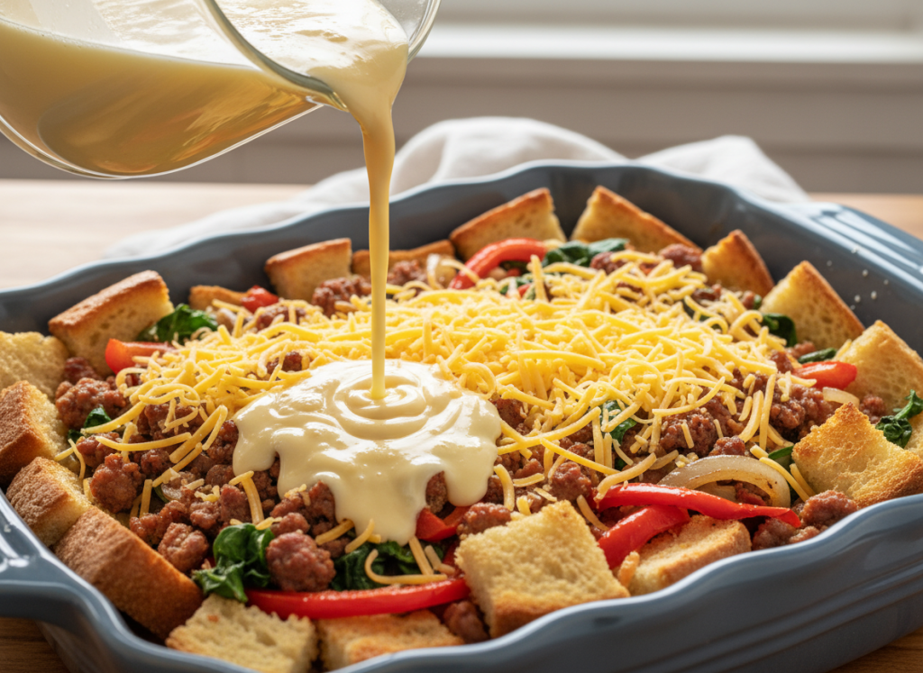 Breakfast casserole layered with bread, sausage, cheese, and egg custard before baking.