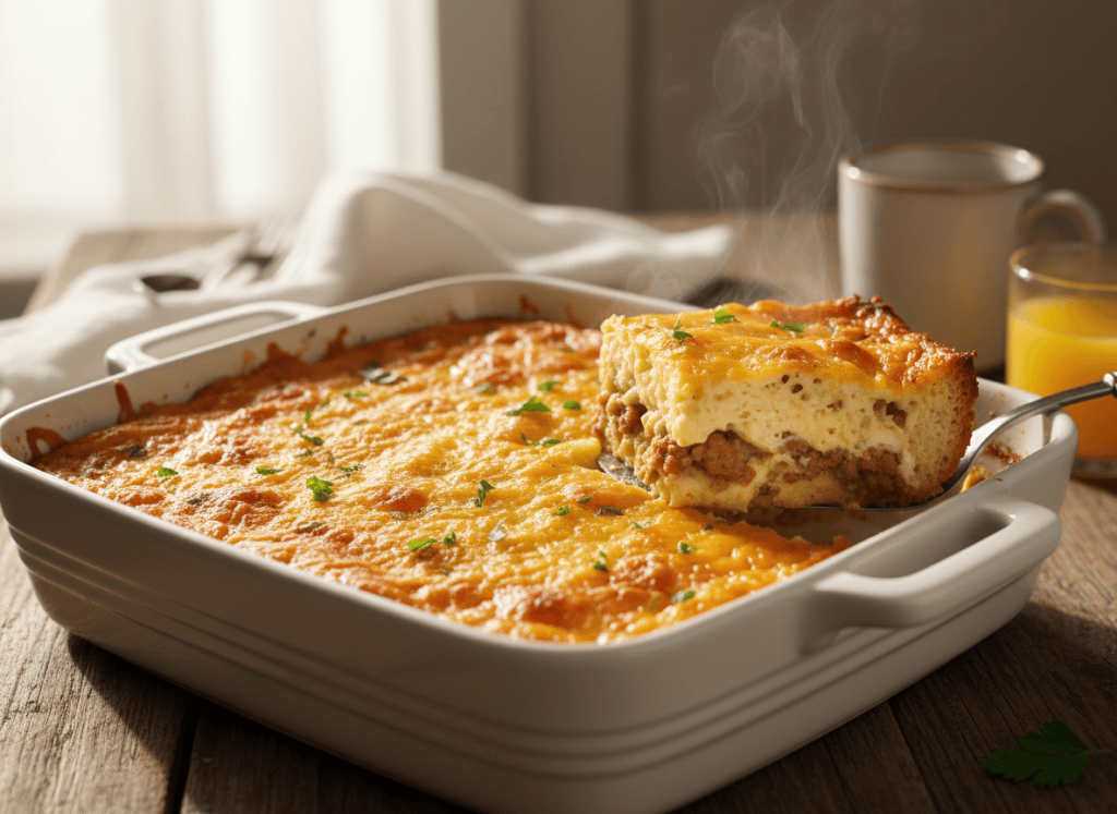 Southern breakfast casserole with sausage, egg, cheese, and golden top.