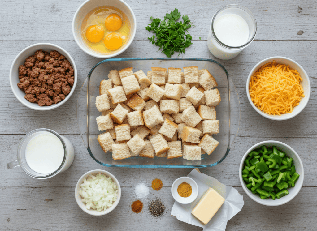 Ingredients for sausage, egg, and cheese breakfast casserole arranged on a kitchen table.