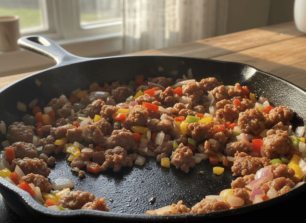 Breakfast sausage, onion, and bell pepper browning in a skillet.