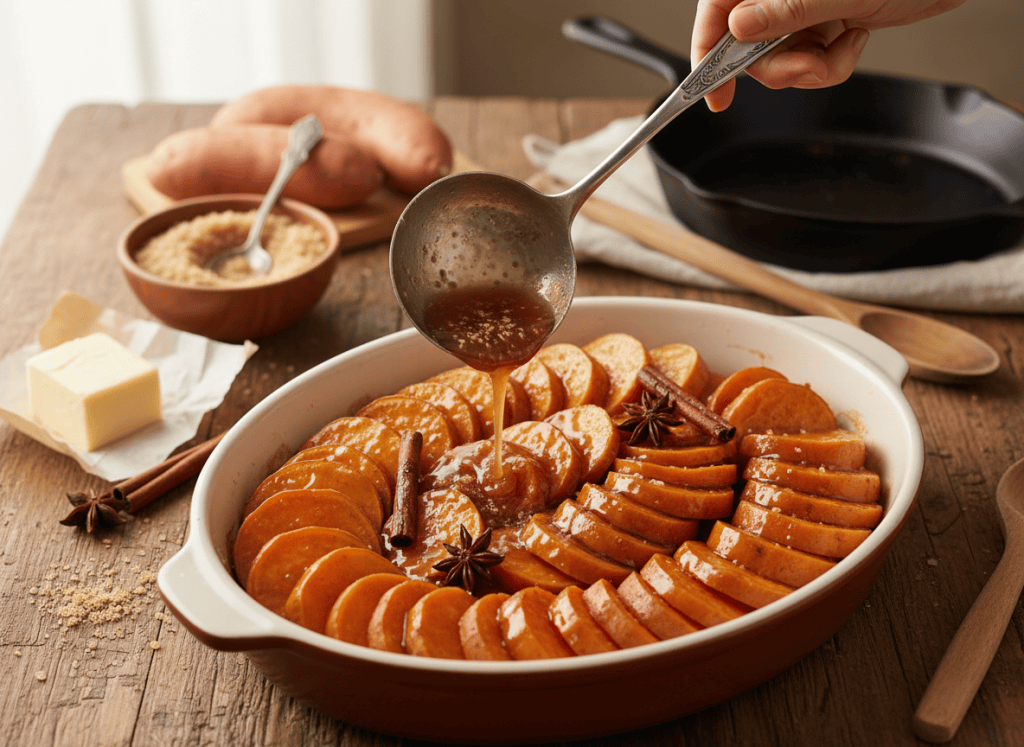peeled sweet potato rounds arranged in a baking dish while warm brown sugar butter spice syrup is poured over them