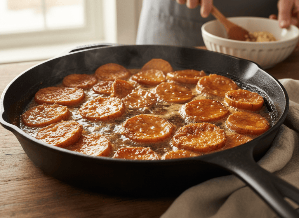 candied yams bubbling in glossy amber syrup near the end of baking with caramelized edges