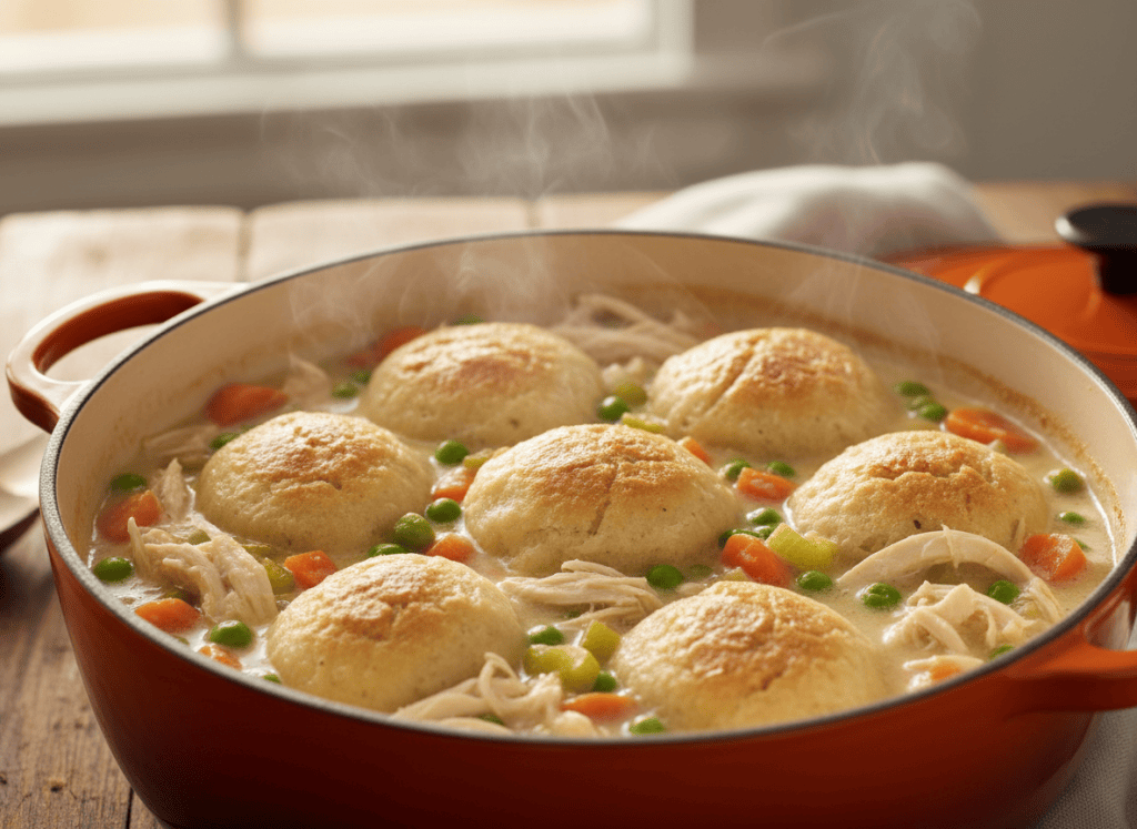 Fluffy dumplings simmering over chicken and vegetables in a Dutch oven.