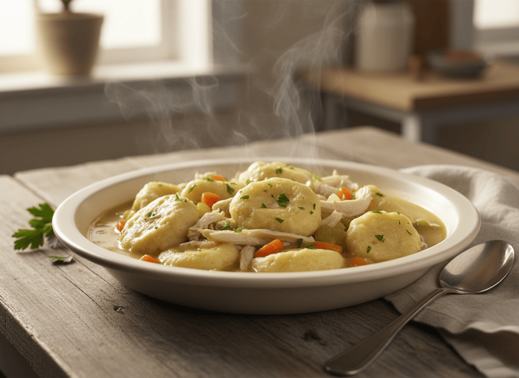 Southern chicken and dumplings with tender chicken and fluffy dumplings in a creamy broth.