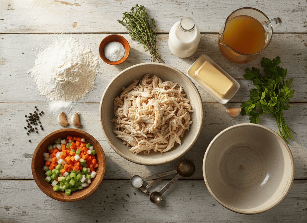 Ingredients for Southern chicken and dumplings arranged on a kitchen table.