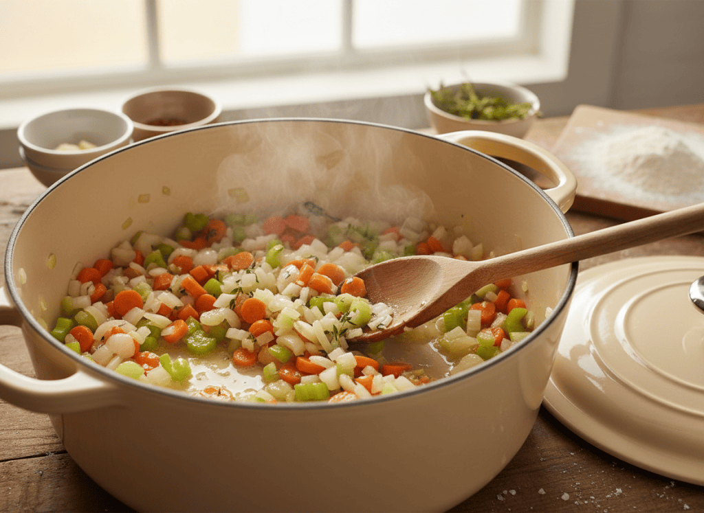 Onion, carrots and celery cooking in butter for Southern chicken and dumplings.