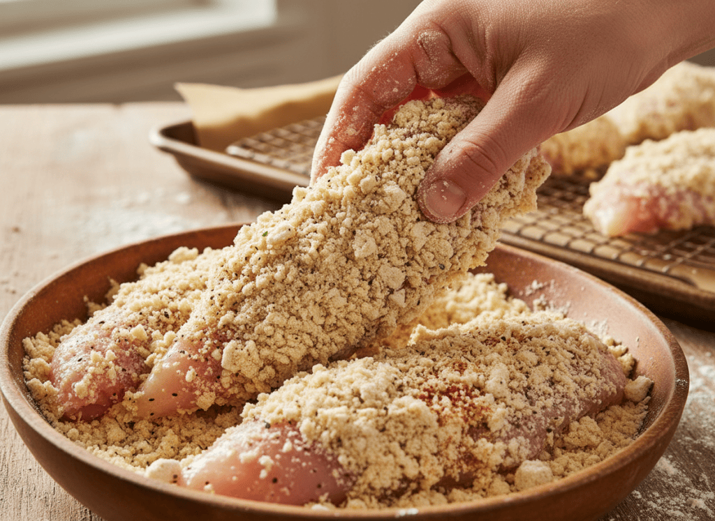 Buttermilk chicken tenders being coated in seasoned flour before frying.