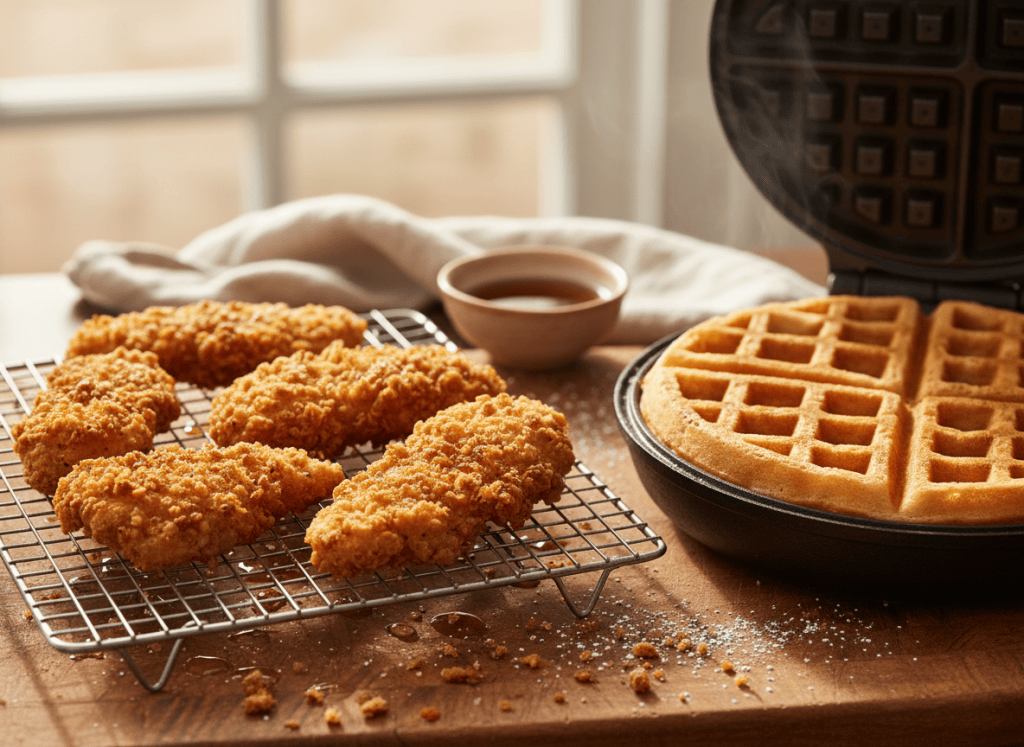 Crispy fried chicken tenders draining beside a golden waffle.