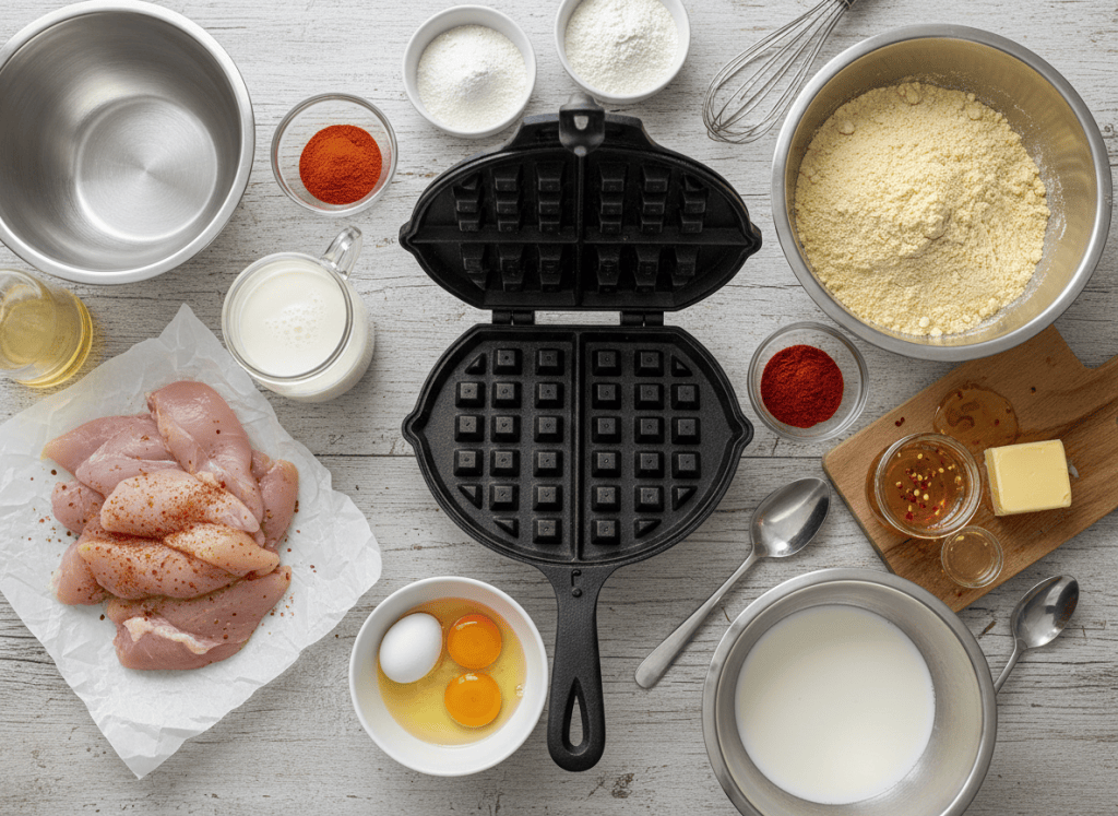 Ingredients for Southern chicken and waffles with hot honey arranged on a kitchen table.