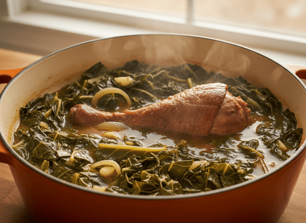 Collard greens simmering with smoked turkey in a Dutch oven.