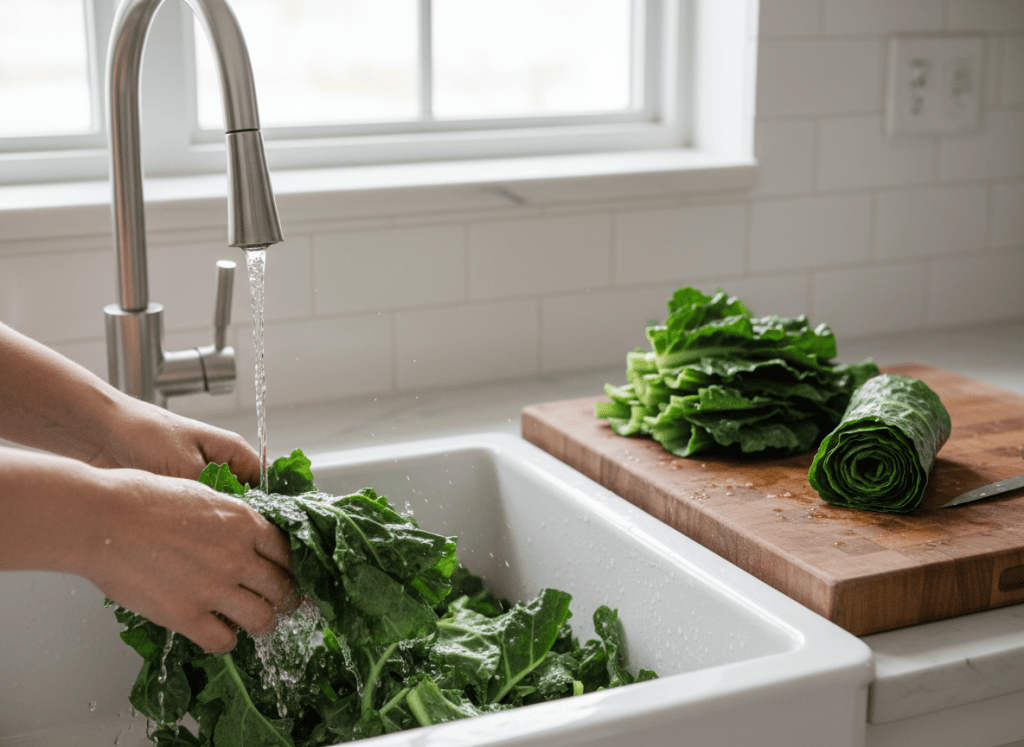 Collard greens being washed, stemmed, and prepared for slicing.
