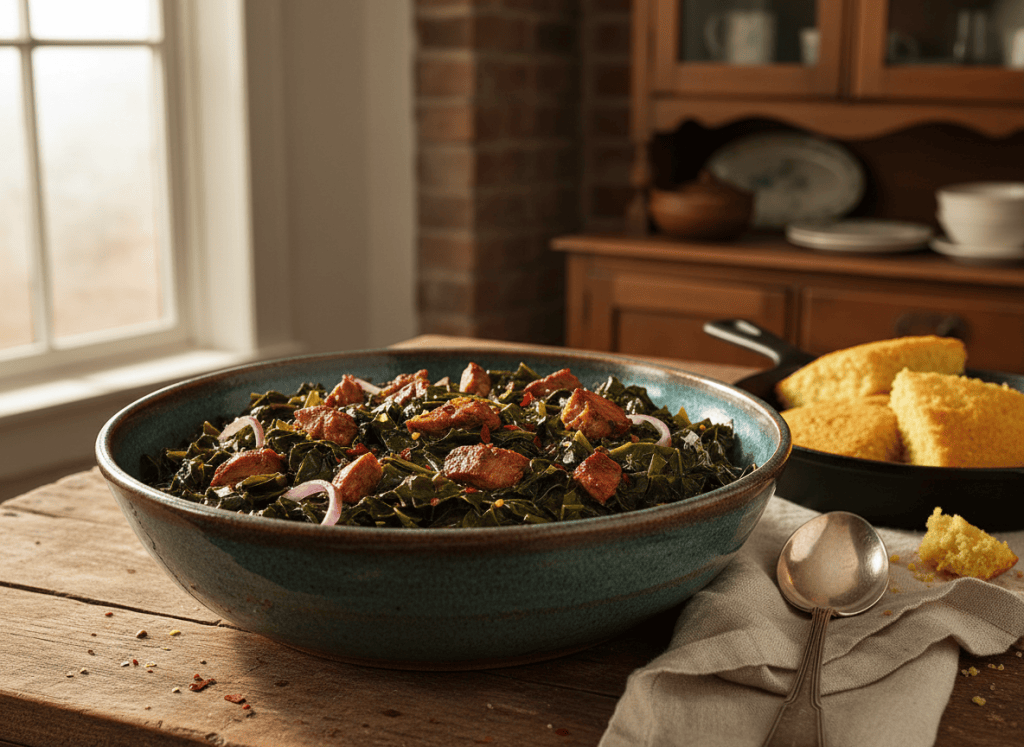 Southern collard greens with smoked turkey in a serving bowl.