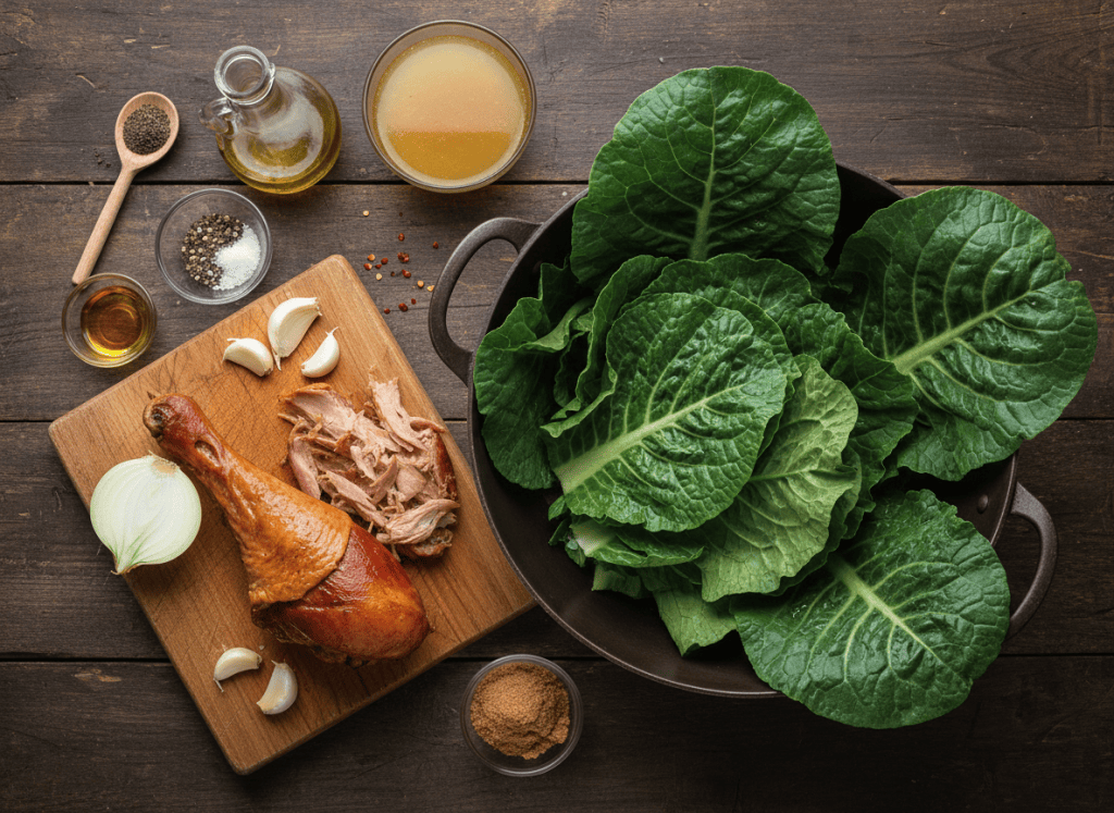 Ingredients for Southern collard greens with smoked turkey arranged on a kitchen table.
