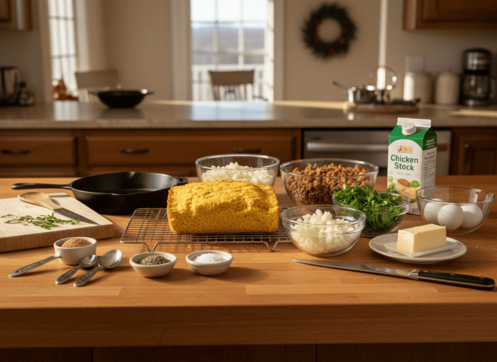 Ingredients and preparation items for Southern Cornbread Dressing