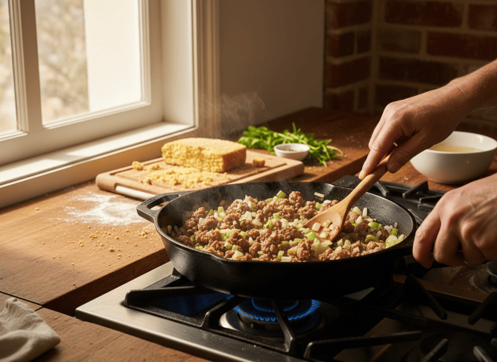 sage breakfast sausage, celery, and onion sautéing in a cast-iron skillet for cornbread dressing