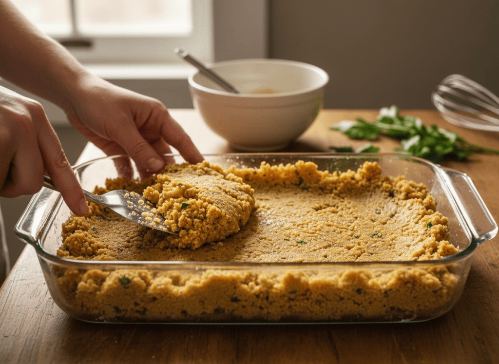 moist cornbread dressing mixture being spread into a buttered baking dish before baking