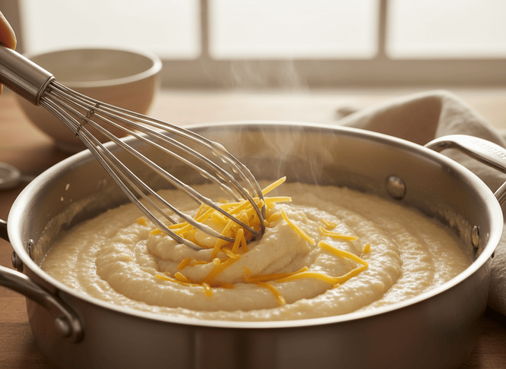 Creamy grits being whisked with butter and cheese in a saucepan.