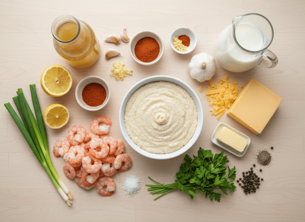 Ingredients for Southern shrimp and grits arranged on a kitchen table.