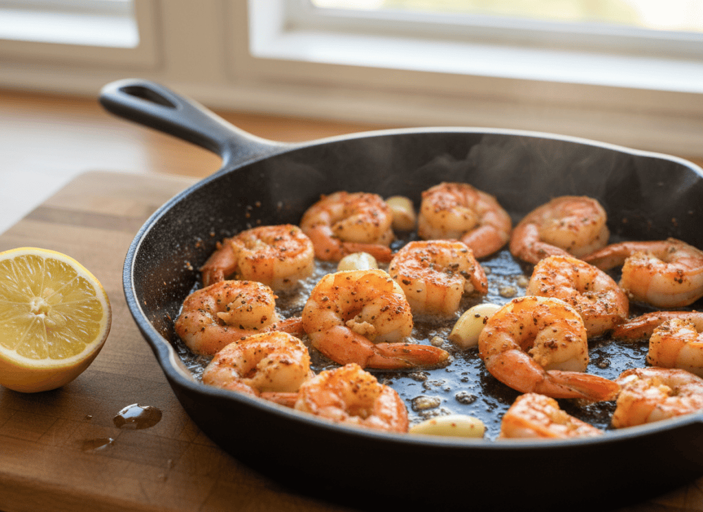 Cajun shrimp searing in butter and garlic in a cast-iron skillet.