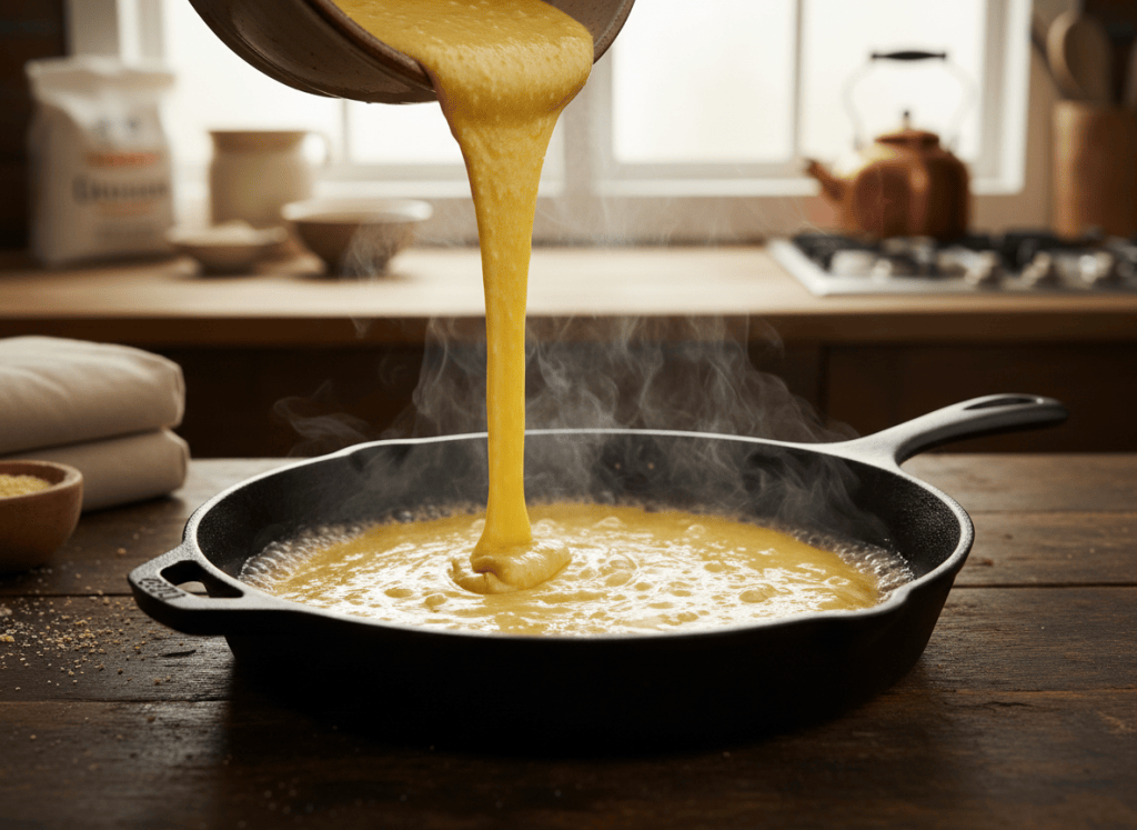 Cornbread batter being poured into a hot buttered cast-iron skillet.