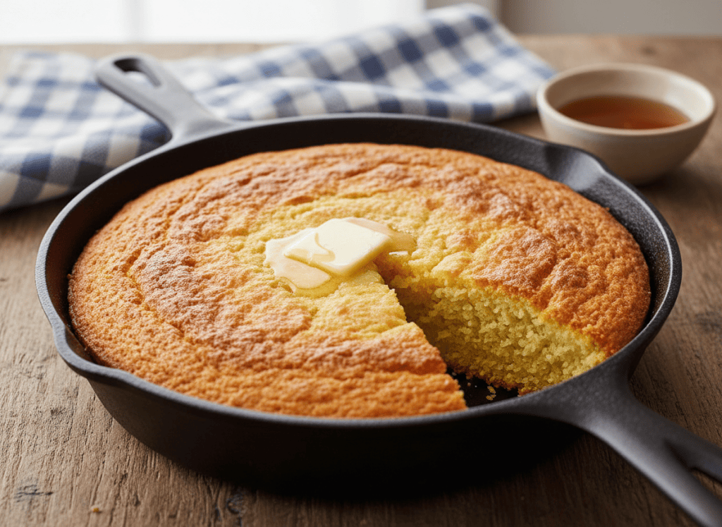 Southern skillet cornbread with crisp golden edges and a tender crumb.