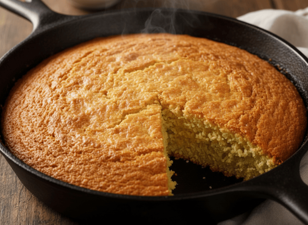 Freshly baked skillet cornbread with golden crisp edges and tender crumb.
