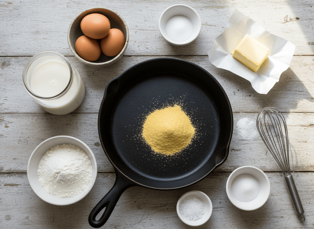 Ingredients for Southern skillet cornbread arranged on a kitchen table.