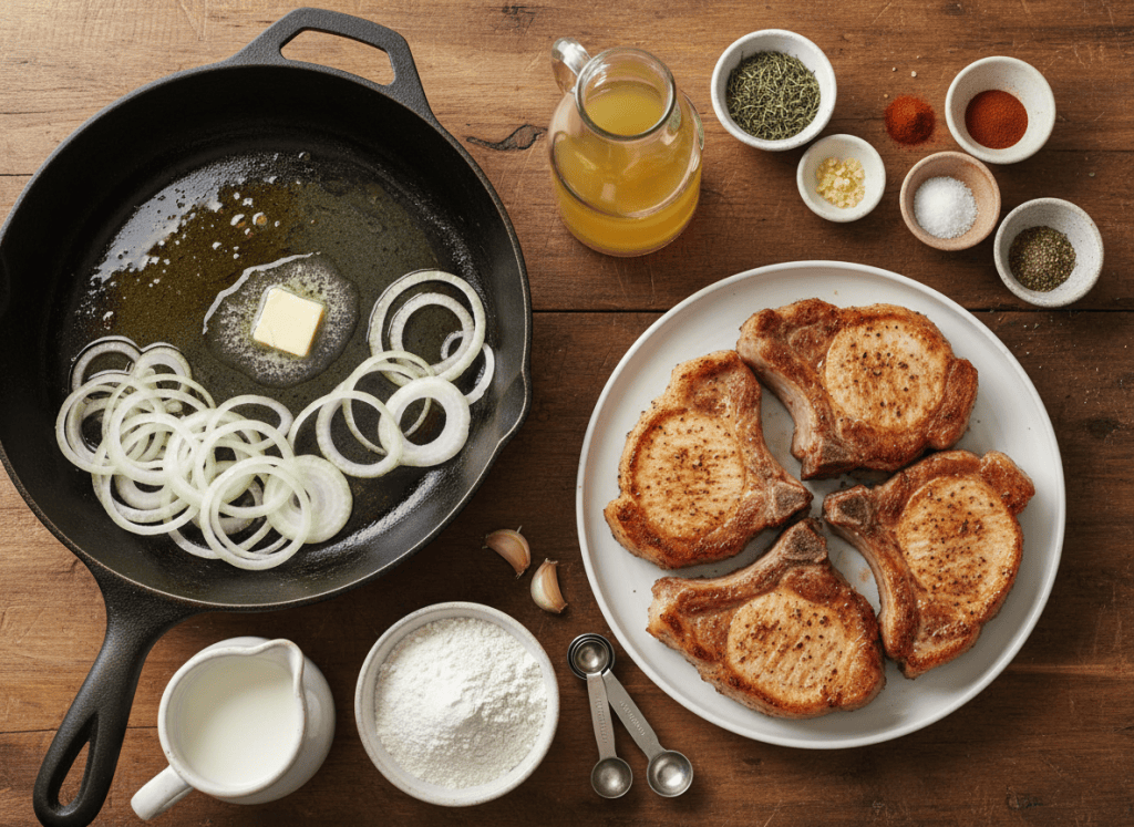 Ingredients for Southern smothered pork chops arranged on a kitchen table.