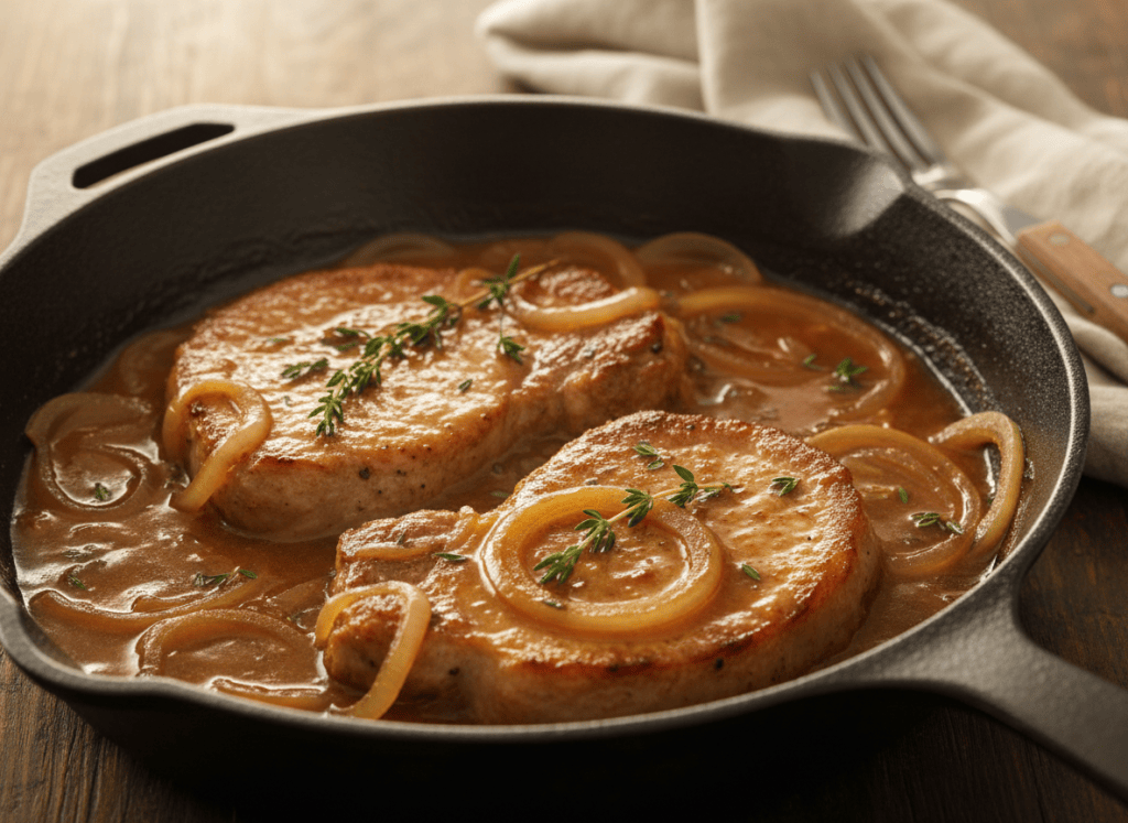 Pork chops simmering in onion gravy in a skillet.