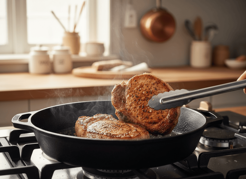 Seasoned pork chops browning in a cast-iron skillet.