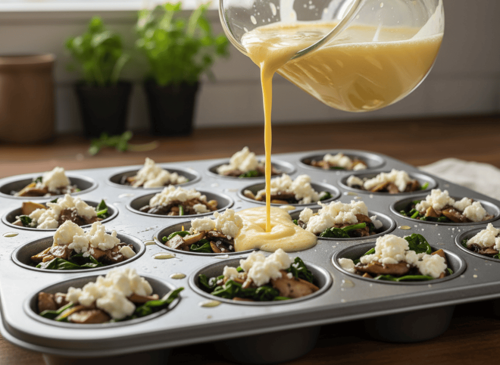 Muffin cups filled with vegetables, feta, and egg mixture before baking.