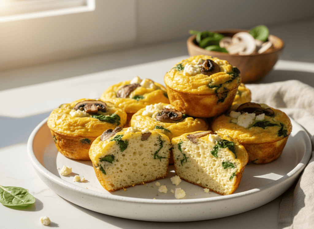 Spinach, mushroom, and feta egg muffins on a breakfast platter.