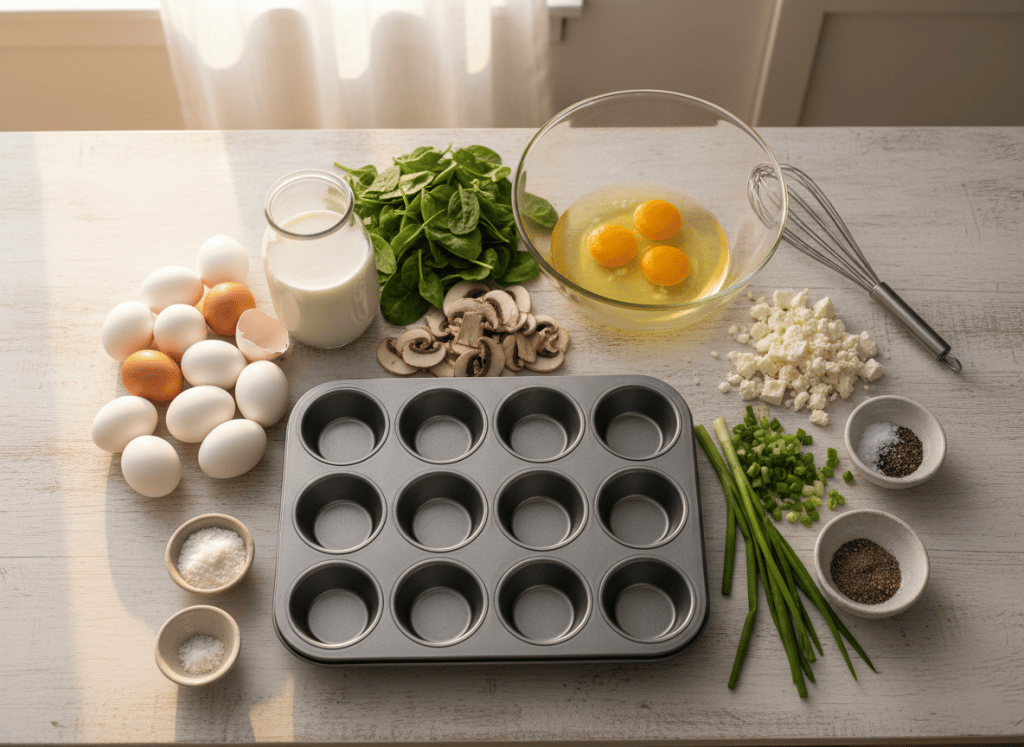 Ingredients for spinach mushroom feta egg muffins arranged on a kitchen table.
