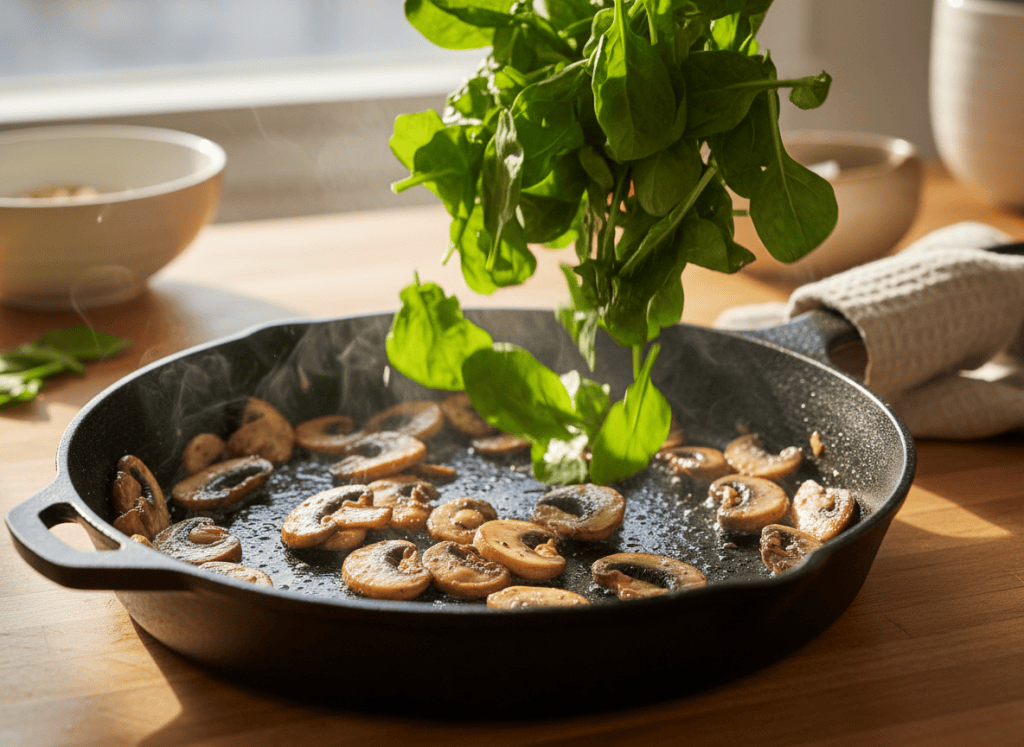 Mushrooms browning and spinach wilting in a skillet for egg muffins.
