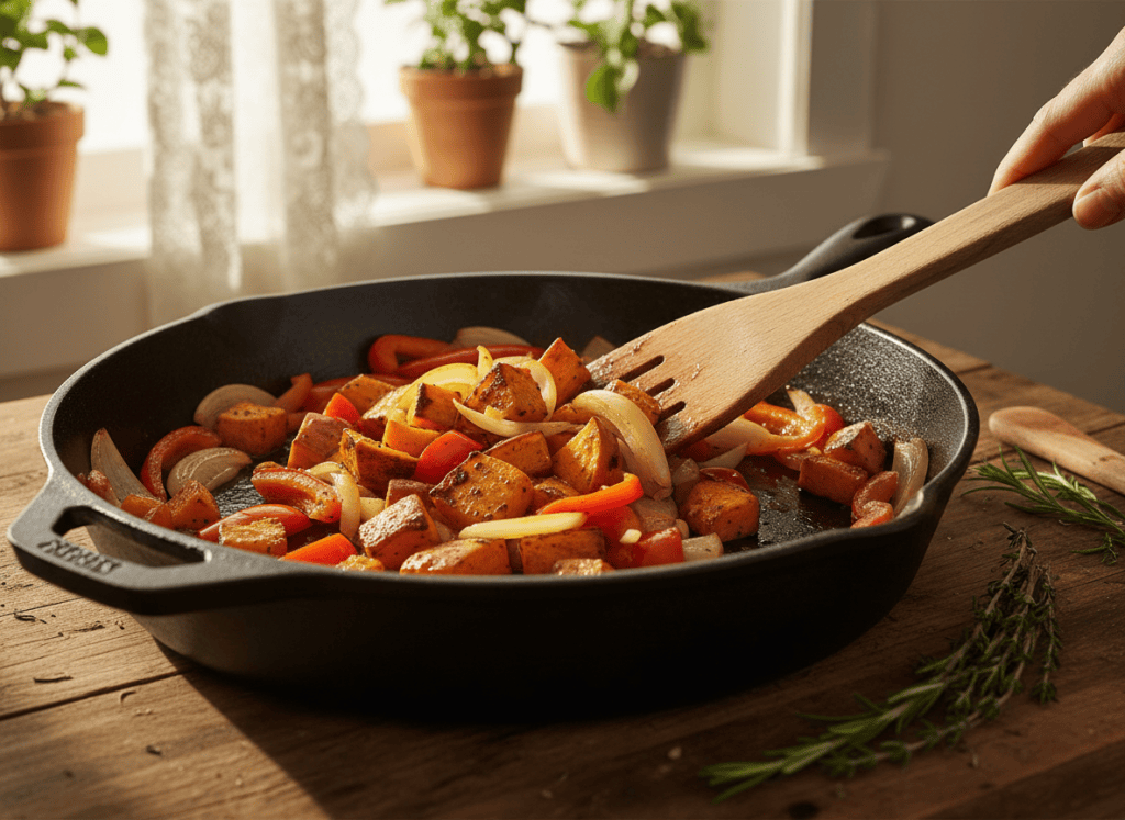Sweet potatoes, peppers, and onion browning in a cast-iron skillet.