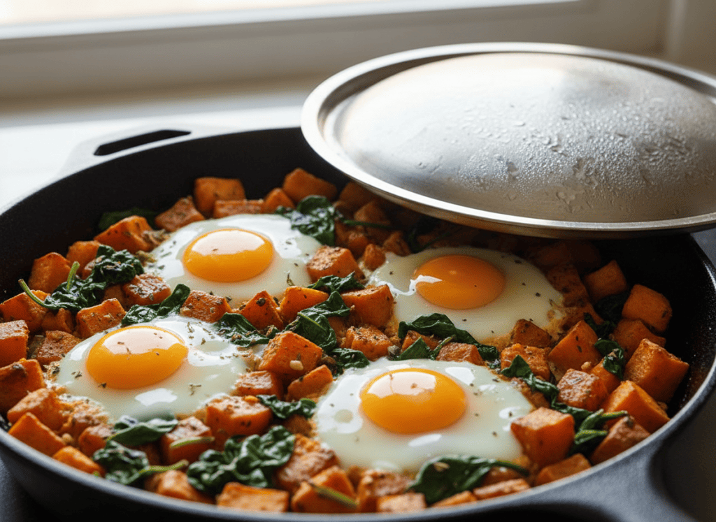Eggs cooking in wells in sweet potato and spinach breakfast hash.