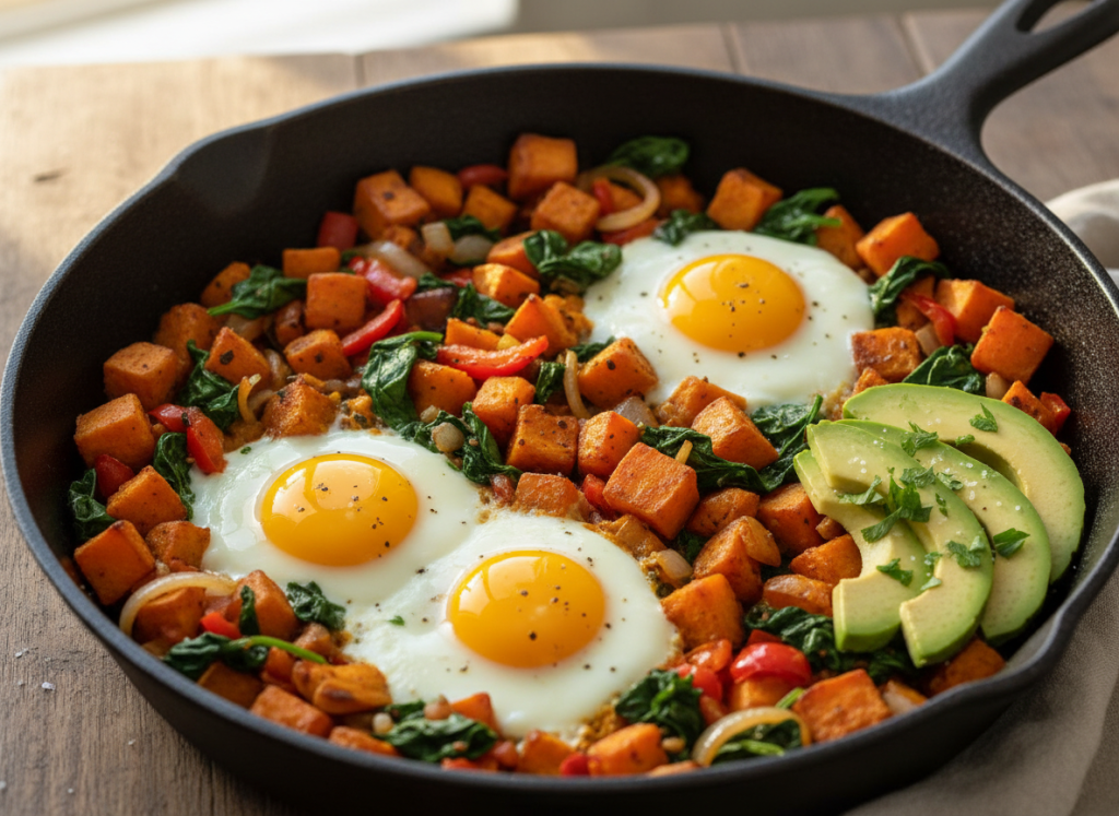 Sweet potato breakfast hash with spinach, peppers, onions, and eggs in a skillet.