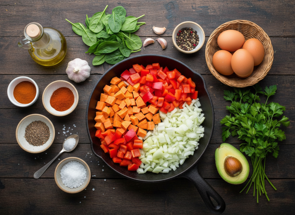 Ingredients for sweet potato breakfast hash arranged on a kitchen table.