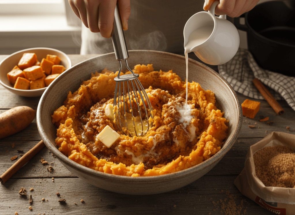 cooked sweet potatoes being mashed with butter, cinnamon, milk, and brown sugar in a large bowl
