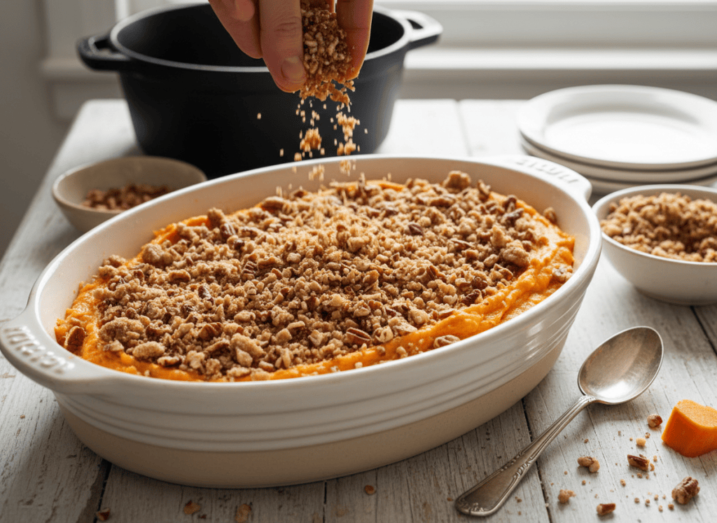 buttery pecan streusel being scattered over smooth sweet potato filling in a baking dish before baking